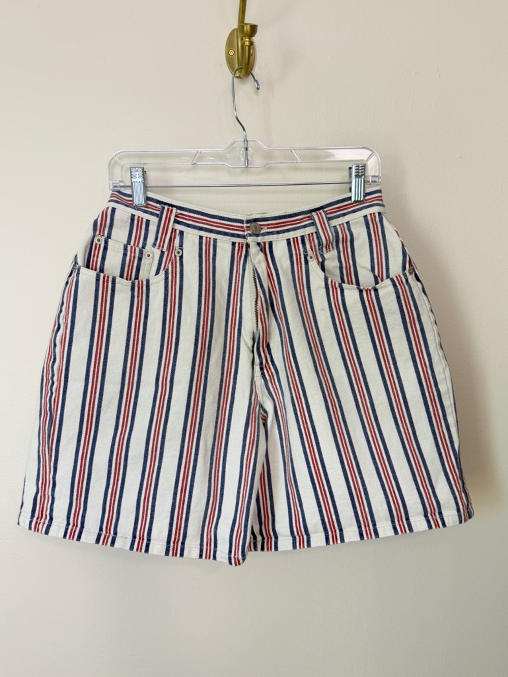 vintage 90s camp style mid length blue and red stripe denim shorts 100% cotton